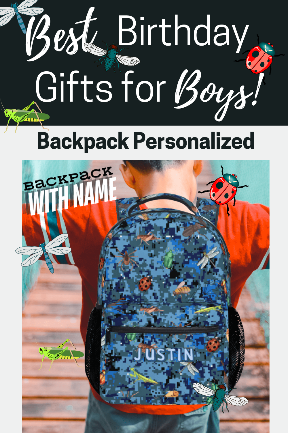 Bug Backpack for Boy, Personalized Blue Camo School Bag Kids