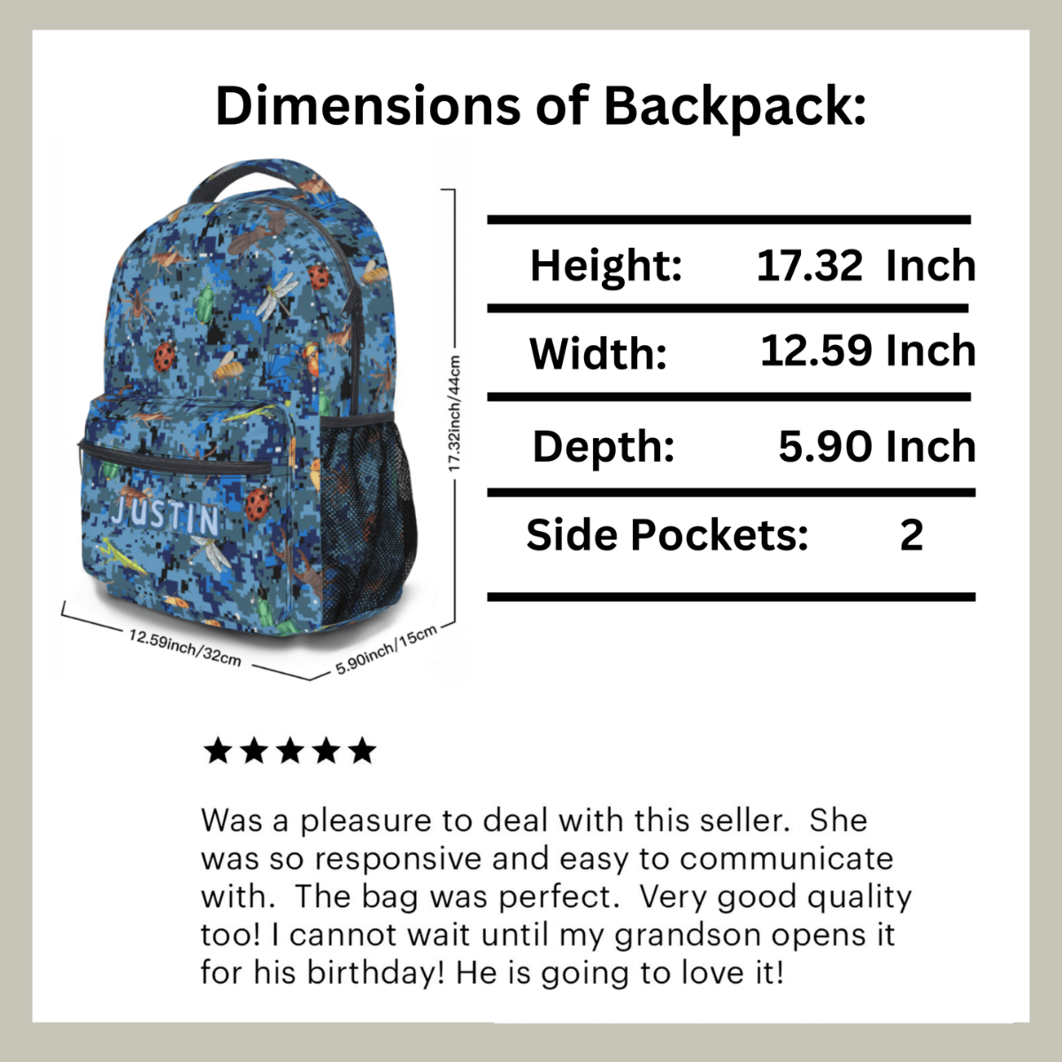 Bug Backpack for Boy, Personalized Blue Camo School Bag Kids
