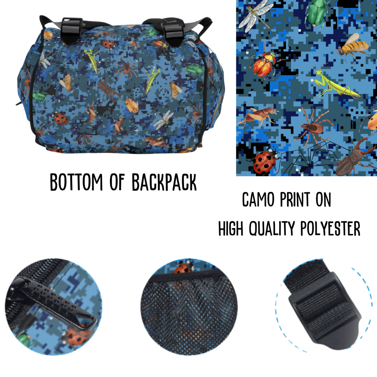 Bug Backpack for Boy, Personalized Blue Camo School Bag Kids