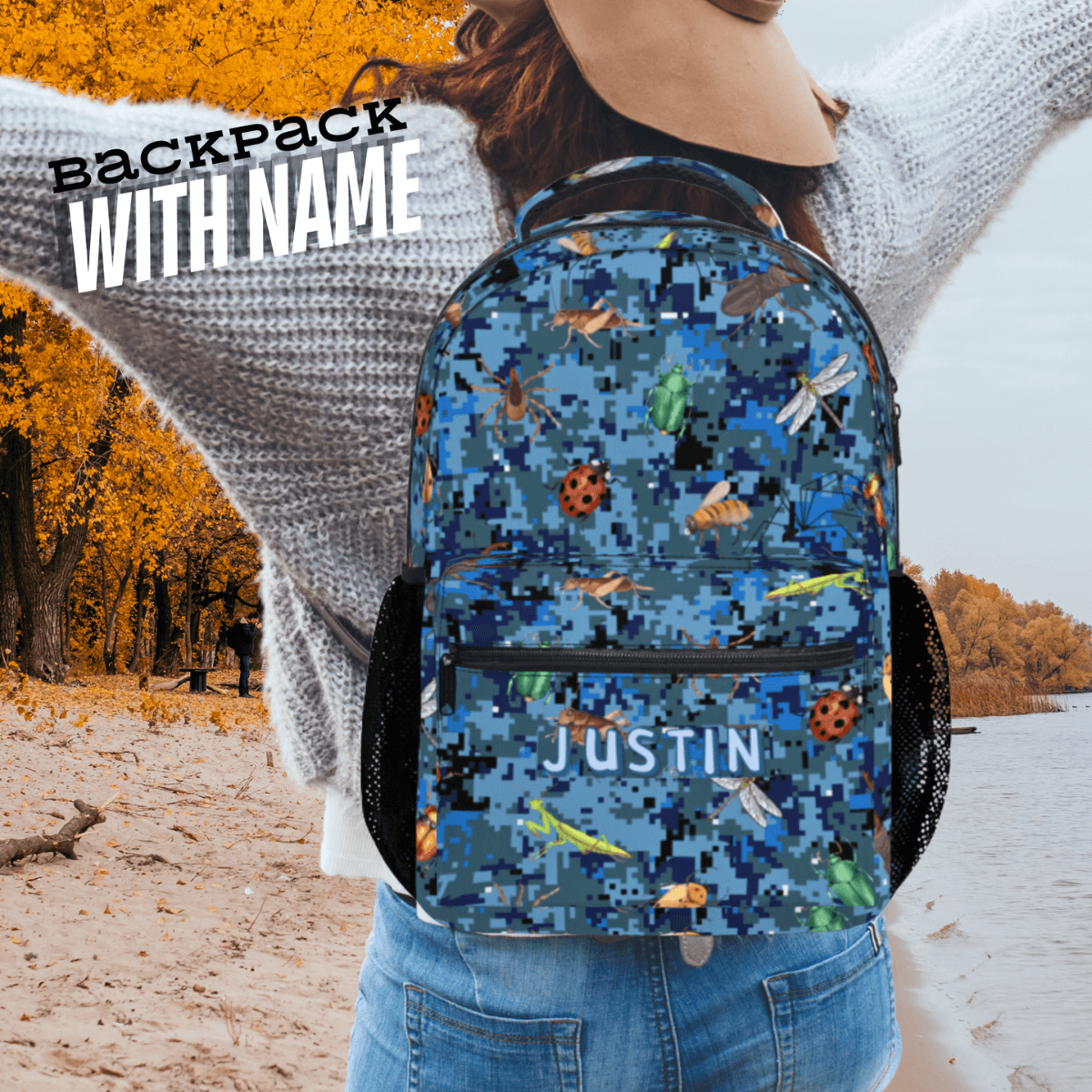 Bug Backpack for Boy, Personalized Blue Camo School Bag Kids