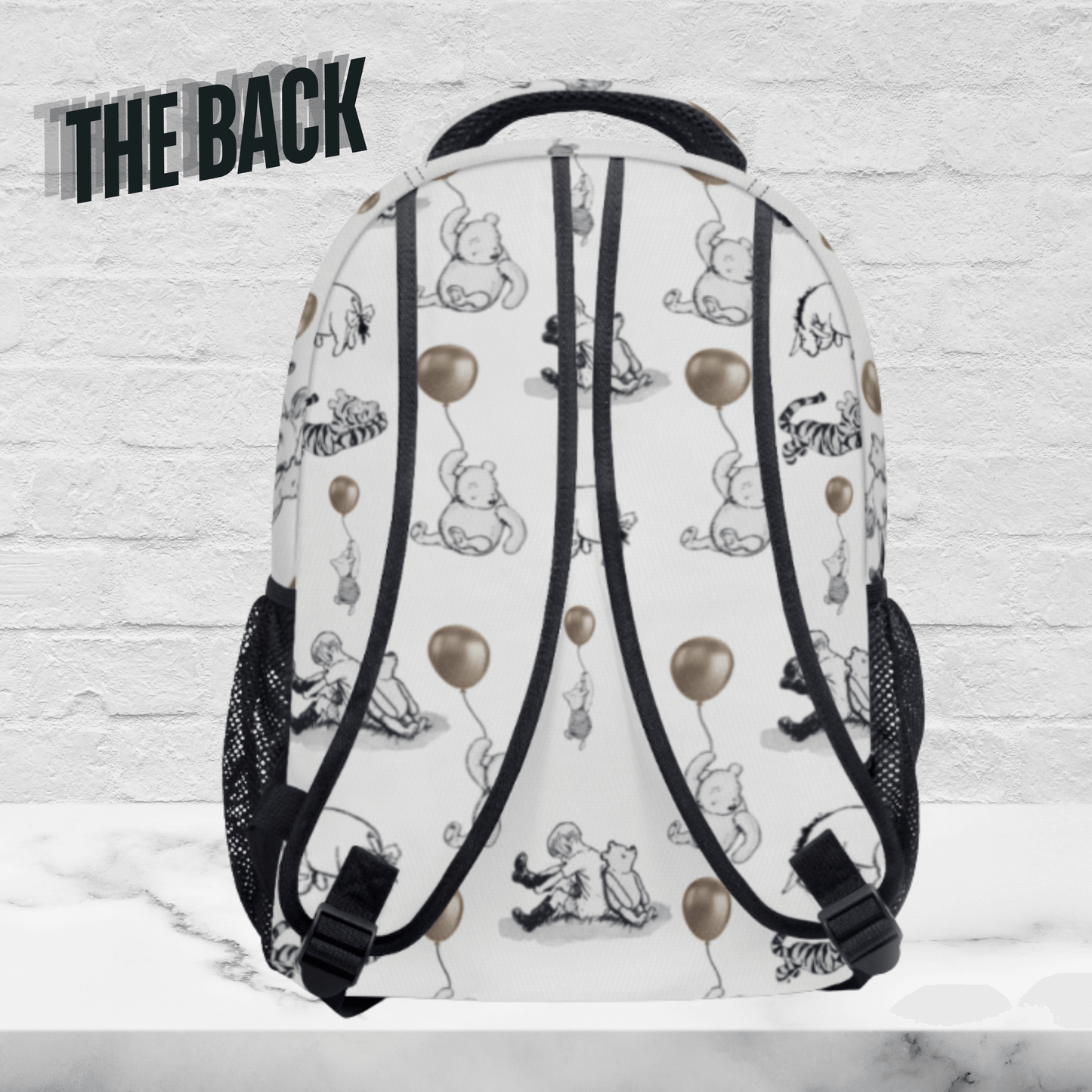 Backside of winnie the pooh and friends Backpack with all over print of pooh with a tan balloon