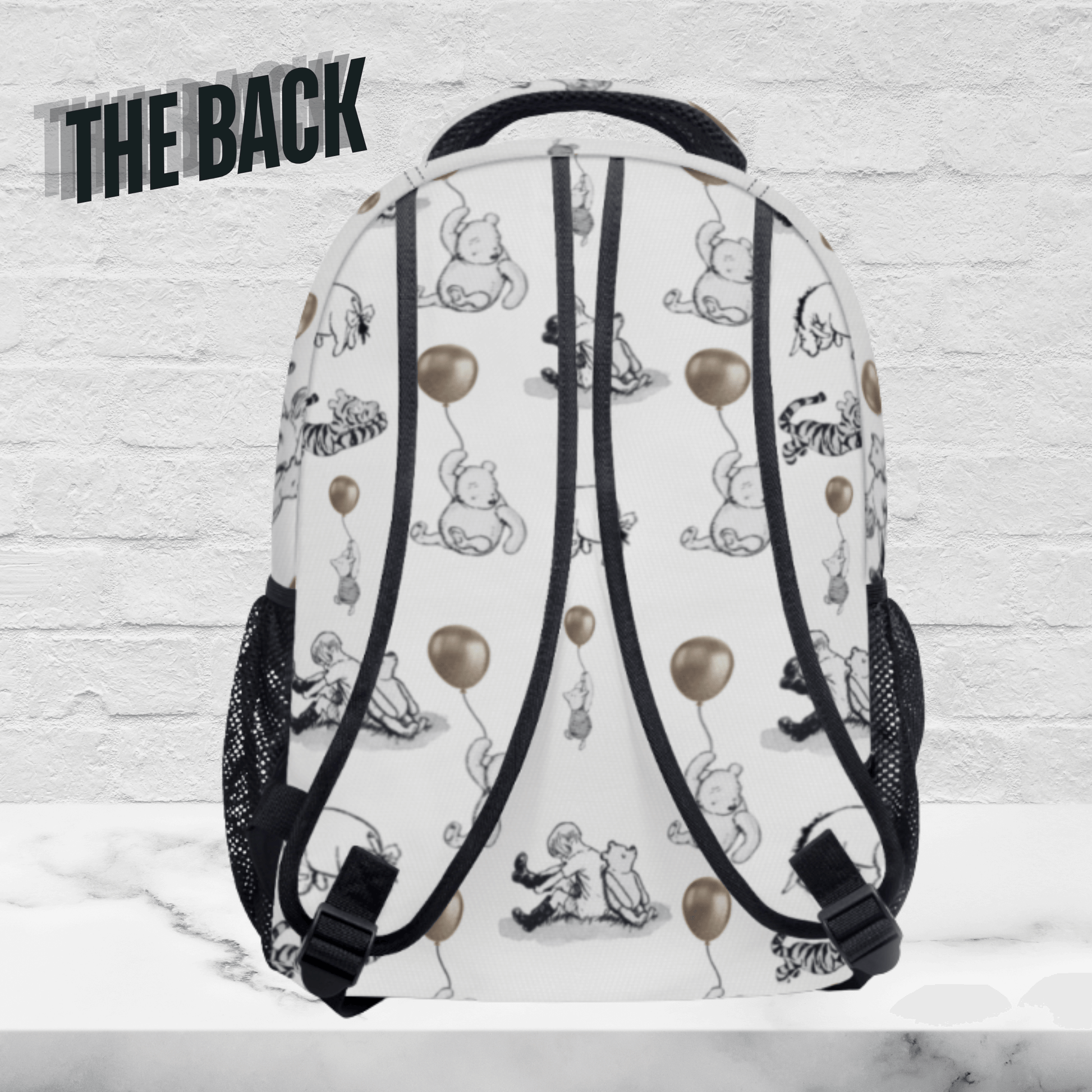 Backside of winnie the pooh and friends Backpack with all over print of pooh with a tan balloon
