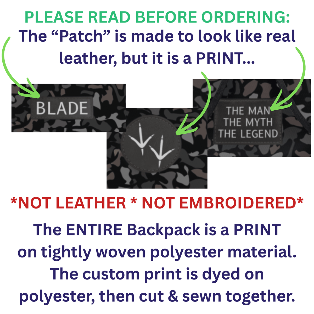 The entire backpack is a print made to look like real leather but its not leather patch not embroidered.