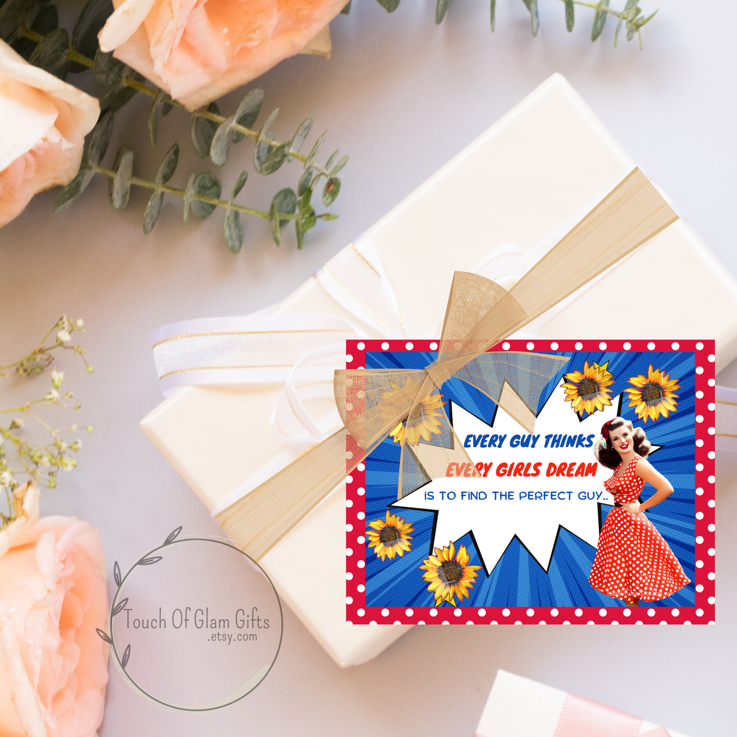 our printable card for women is shown on a white package.