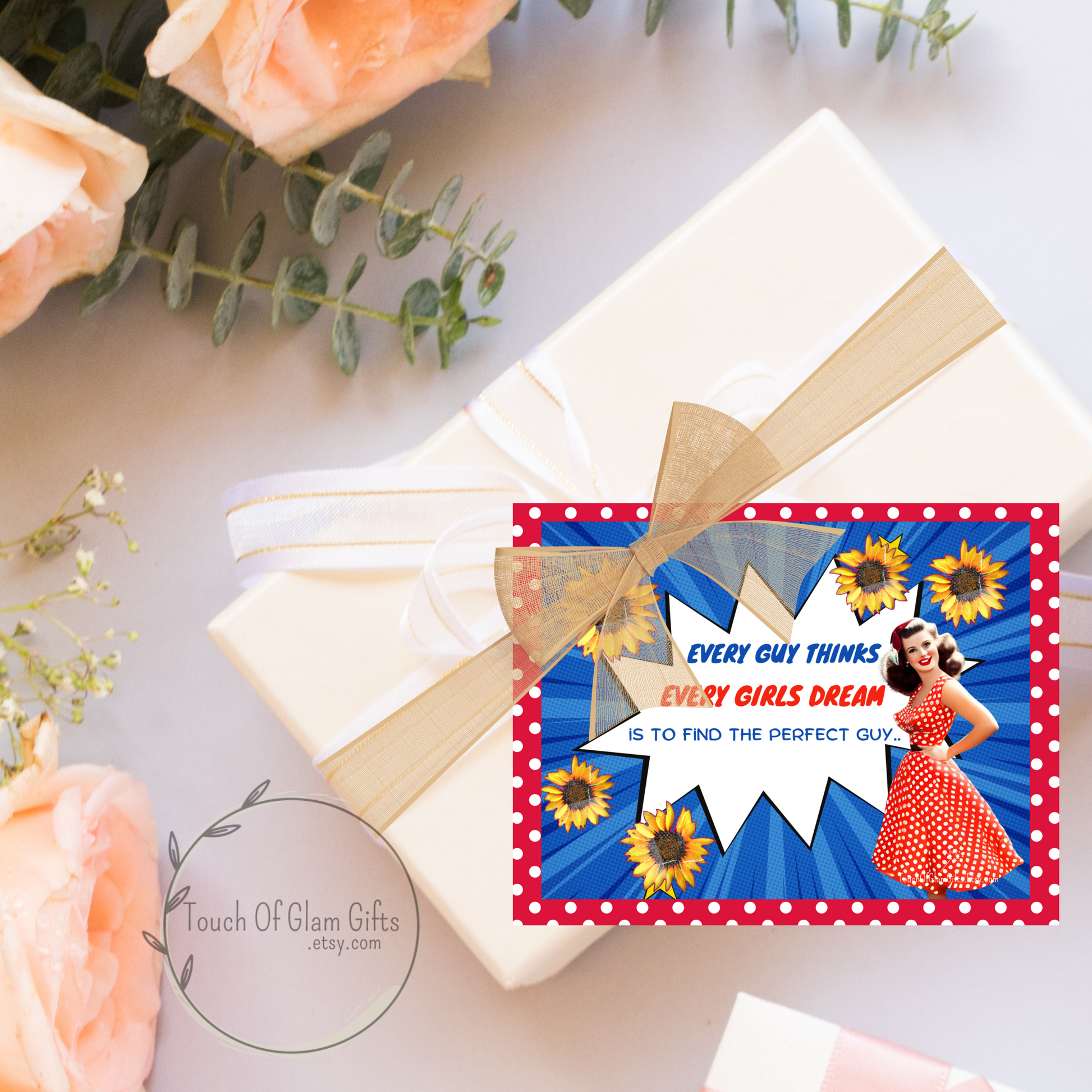 our printable card for women is shown on a white package.