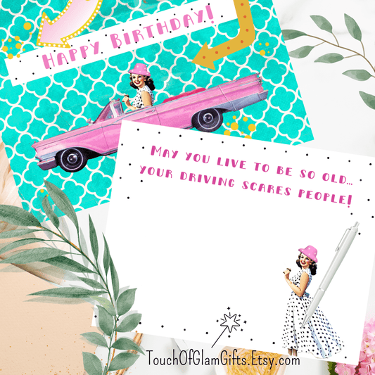Birthday Card Printable: Funny Vintage Pink Cadillac