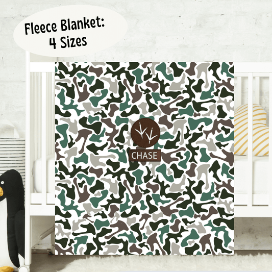 Personalized Baby Blanket Custom Name Camo Fleece Hunting Nursery Gift Deer Antler Design Woodland Pattern Baby Shower Present Soft Micro Fleece Material Cozy Kids Throw Outdoor Themed Nursery Bedding Keepsake Baby Gift Nature Inspired