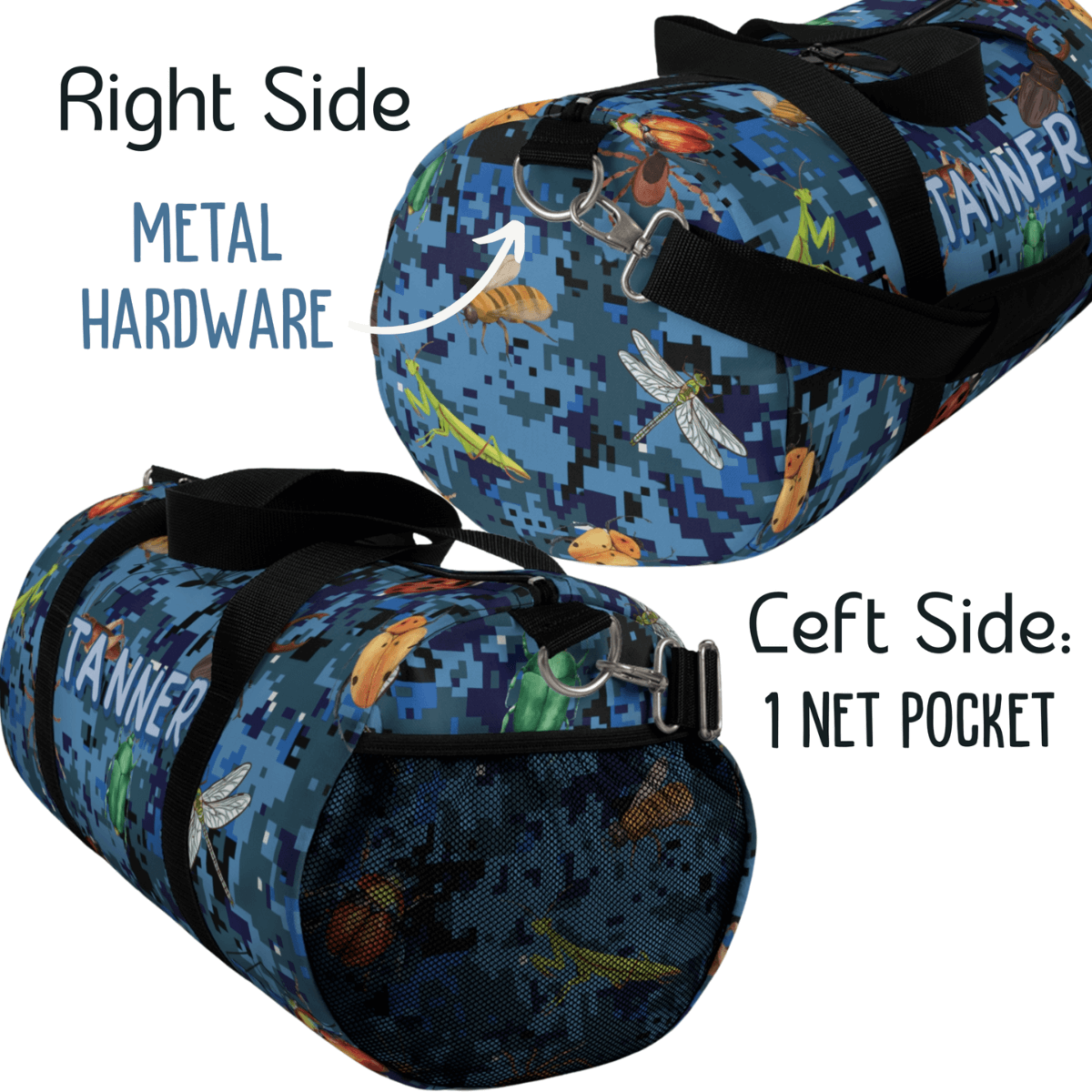 Boys Camo Overnight Bag with Bugs, Blue Camo Duffel Bag