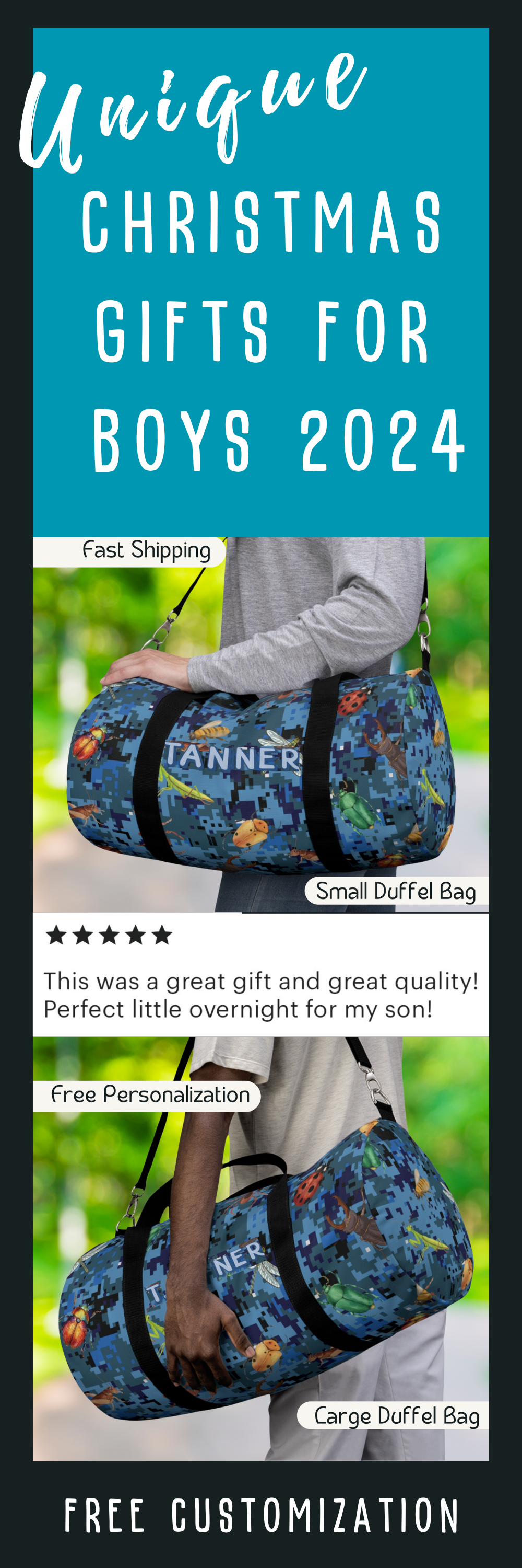 Boys Camo Overnight Bag with Bugs, Blue Camo Duffel Bag