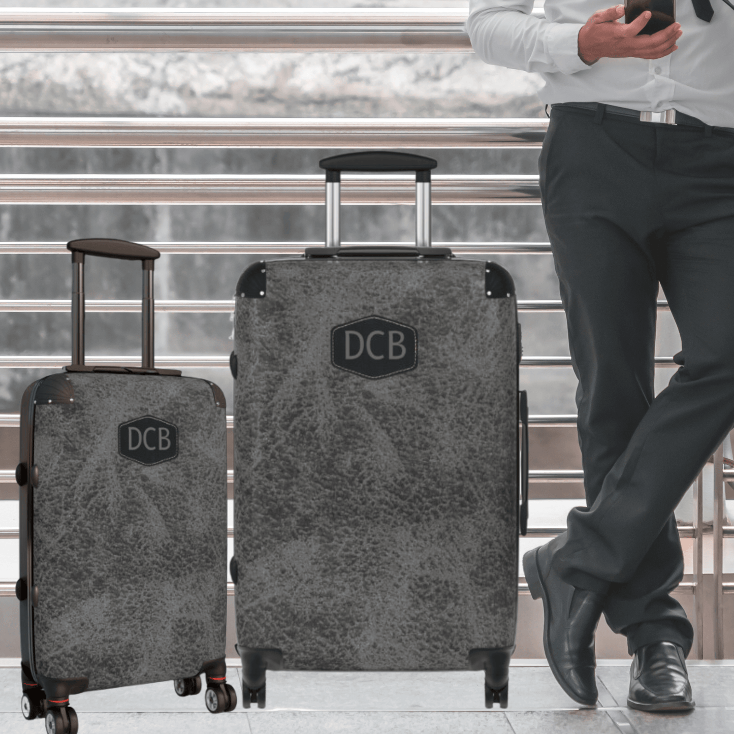 Monogramed Luggage For Men Dark Grey Leather Custom Suitcase for Him