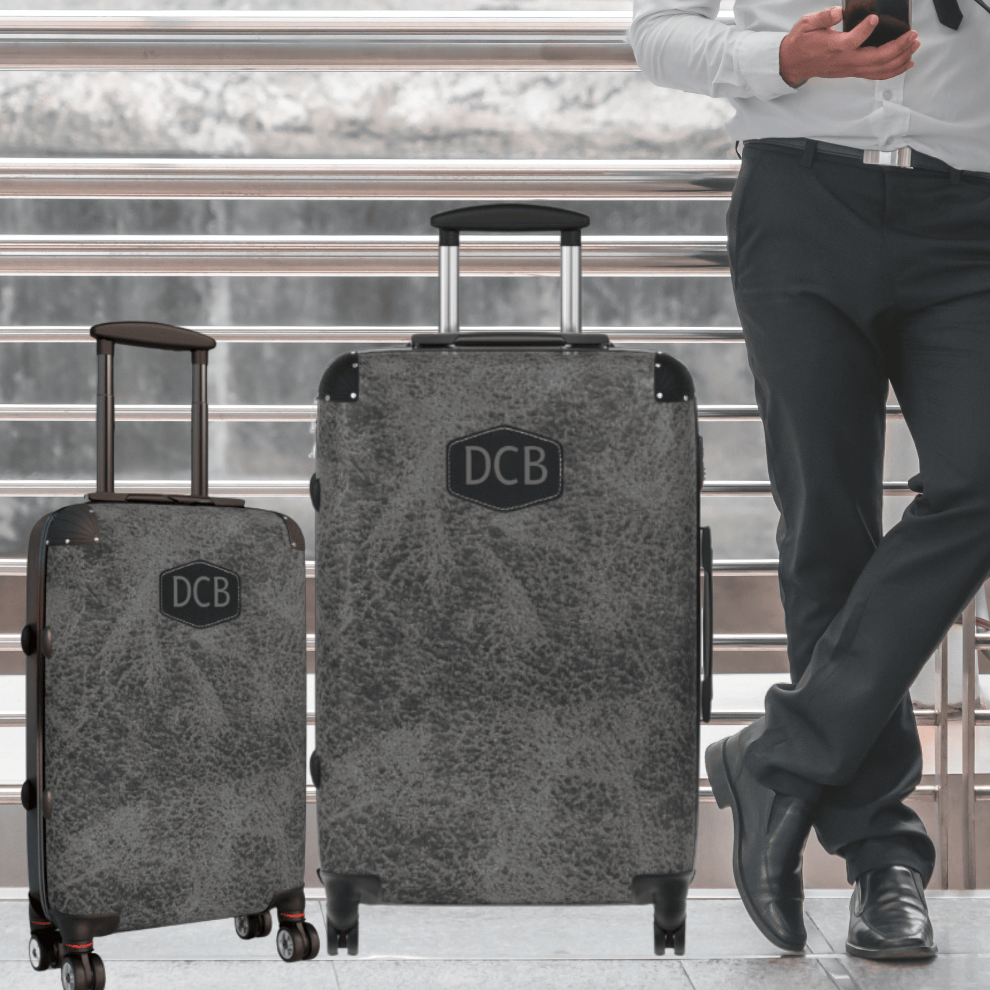 Monogramed Luggage For Men Dark Grey Leather Custom Suitcase for Him
