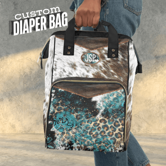 Western style diaper bag backpack for new moms. Cowhide print backpack for baby shower gift.