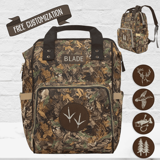 Brown Camo Diaper Bag, Personalized Baby Boy Shower Gift for Duck Turkey Deer Hunter, Mens Camouflage Diaper Organizer