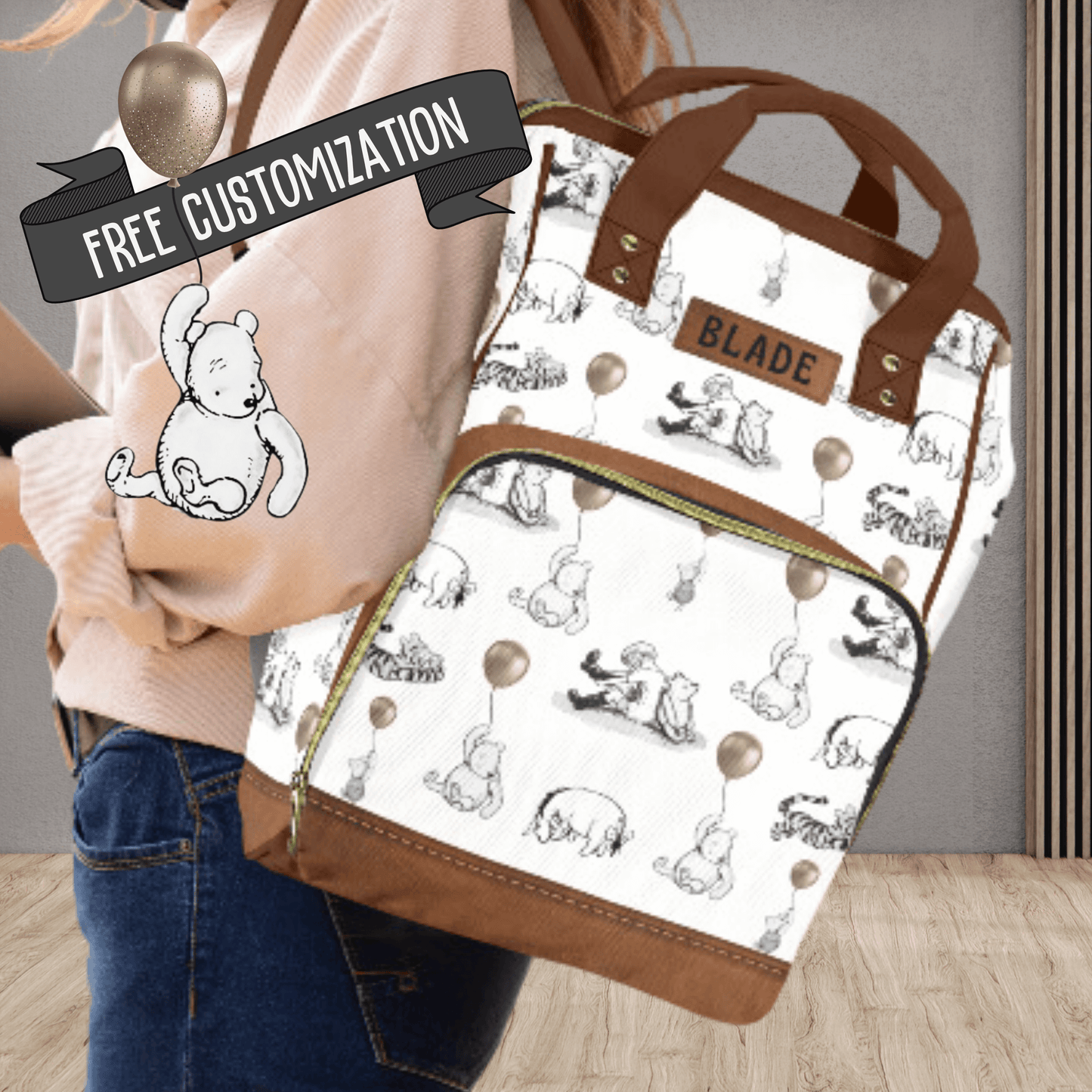 Winnie the Pooh Diaper Bag Backpack, Personalized Pooh Bear Baby Shower Gift