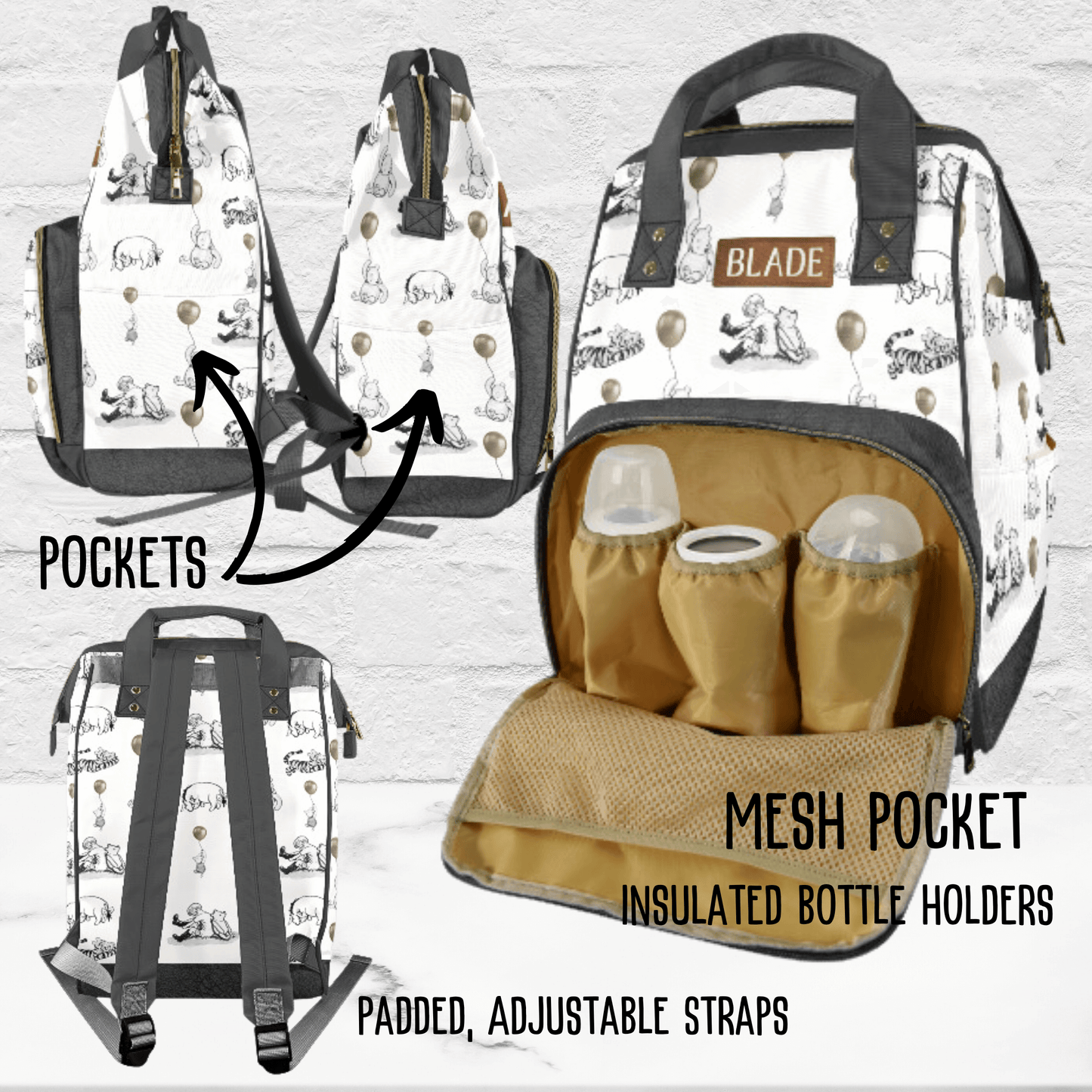 Winnie the Pooh Diaper Bag Backpack, Personalized Pooh Bear Baby Shower Gift