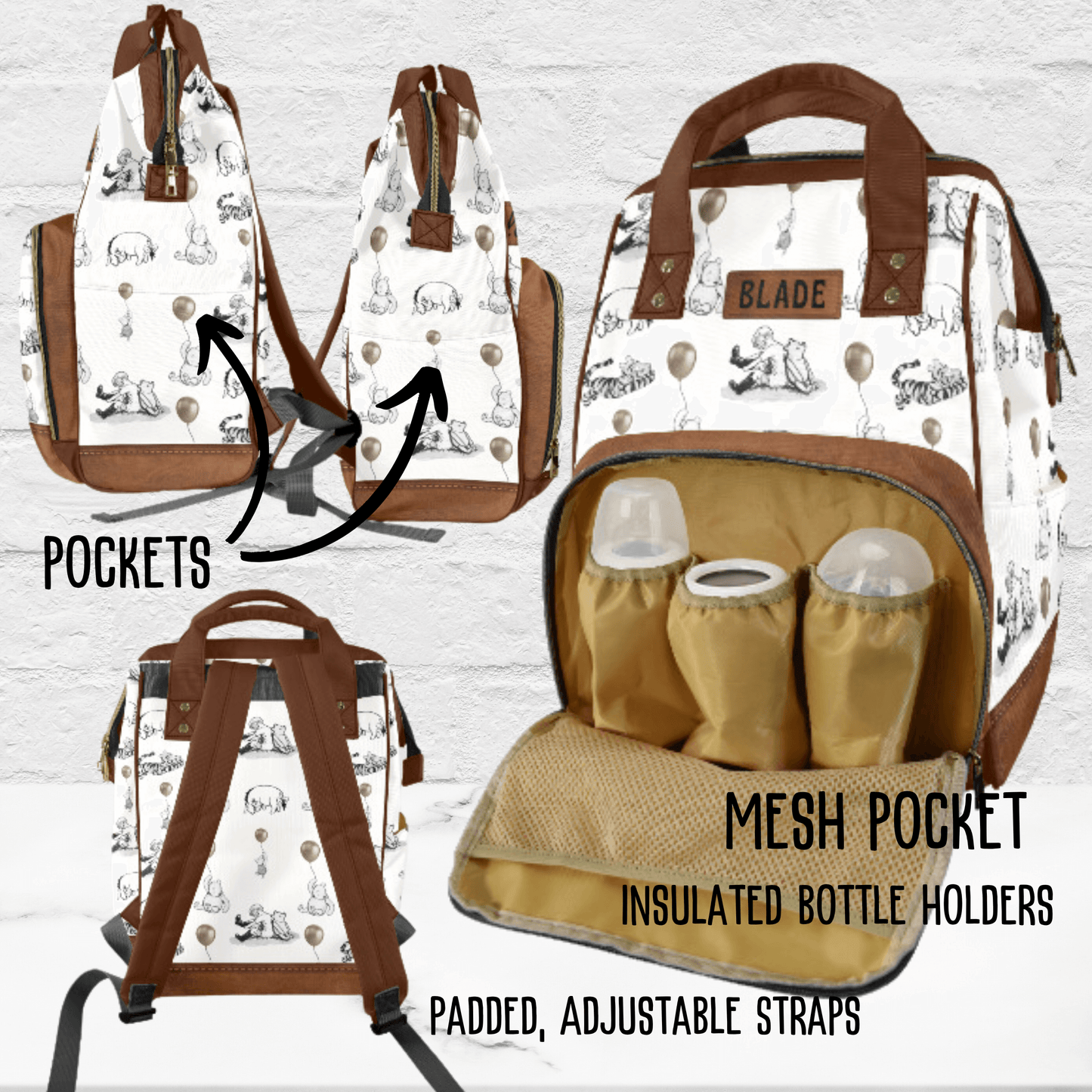 Winnie the Pooh Diaper Bag Backpack, Personalized Pooh Bear Baby Shower Gift