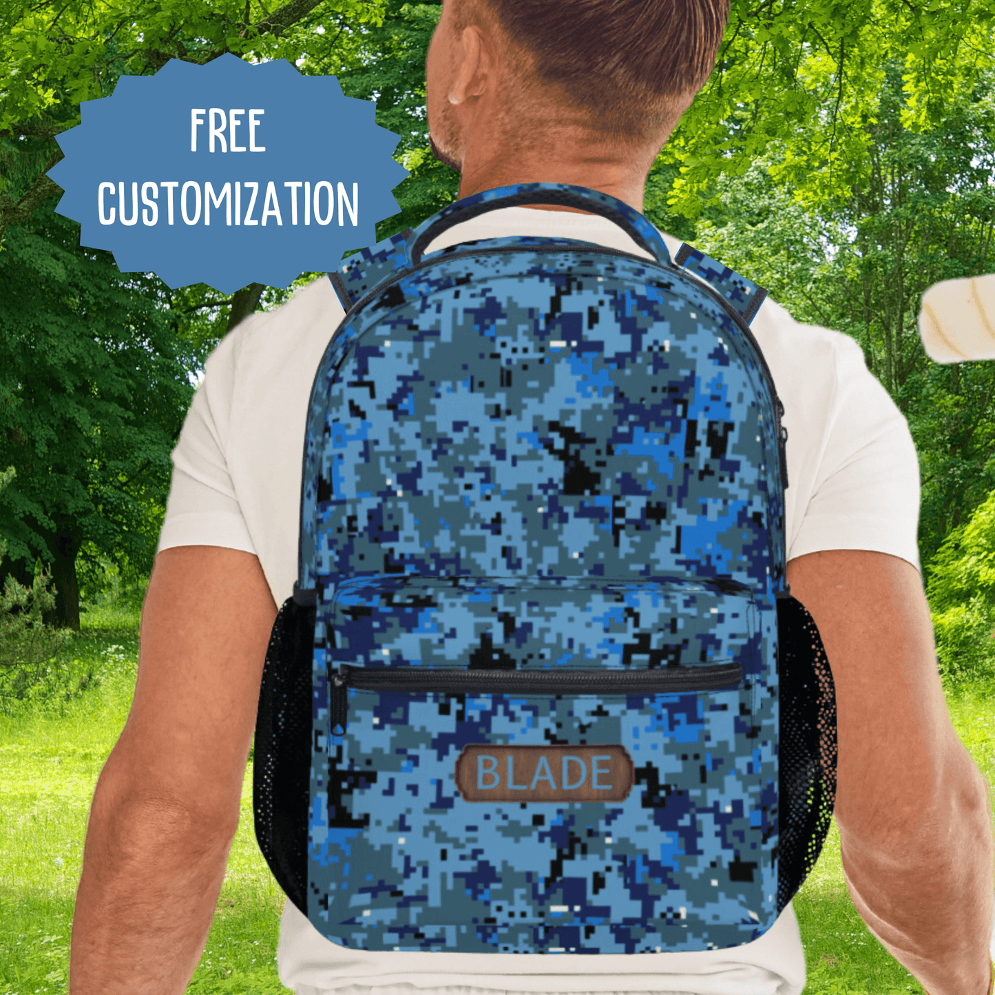 Blue Camo Backpack Laptop School Bag Travel Gift