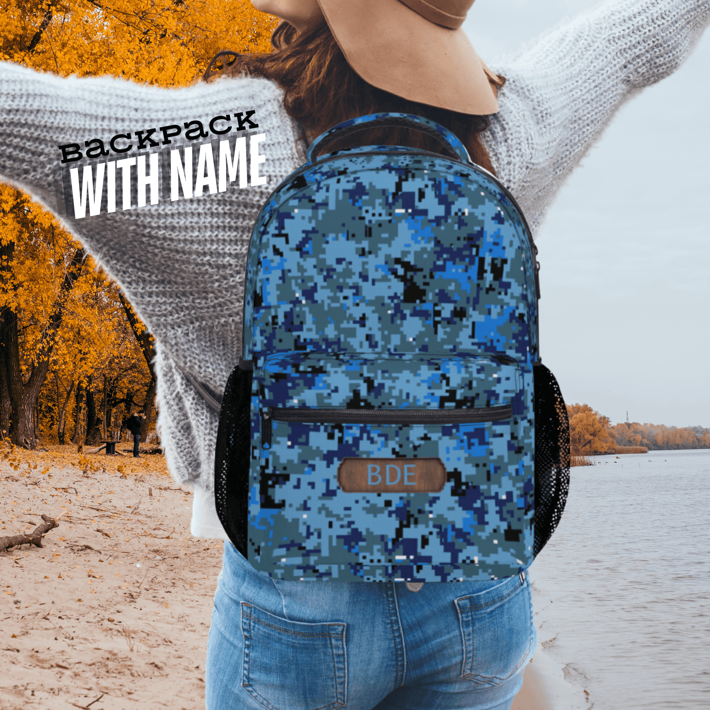 Blue Camo Backpack Laptop School Bag Travel Gift