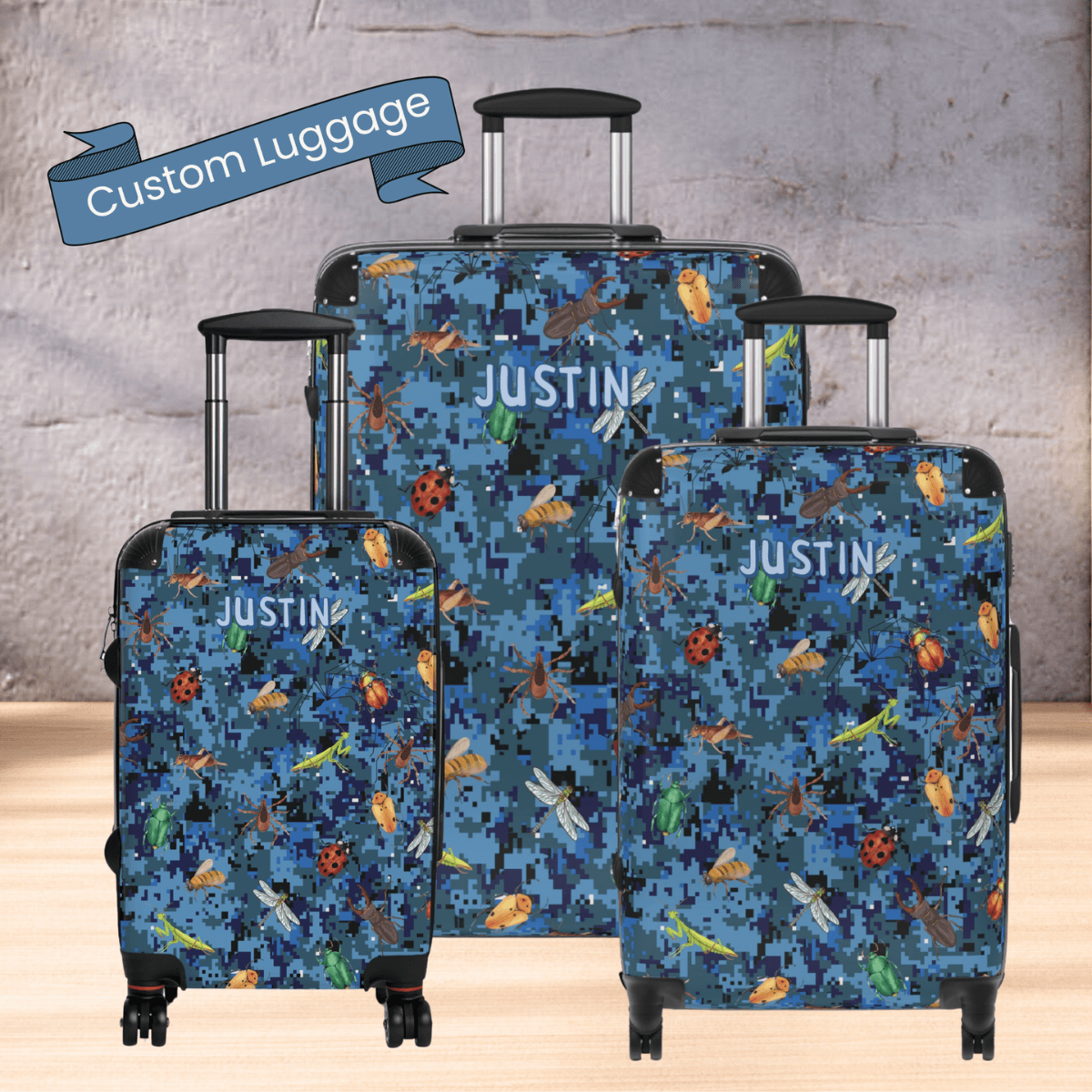 Blue Camo Luggage for Kids Bug Suitcase for Boy