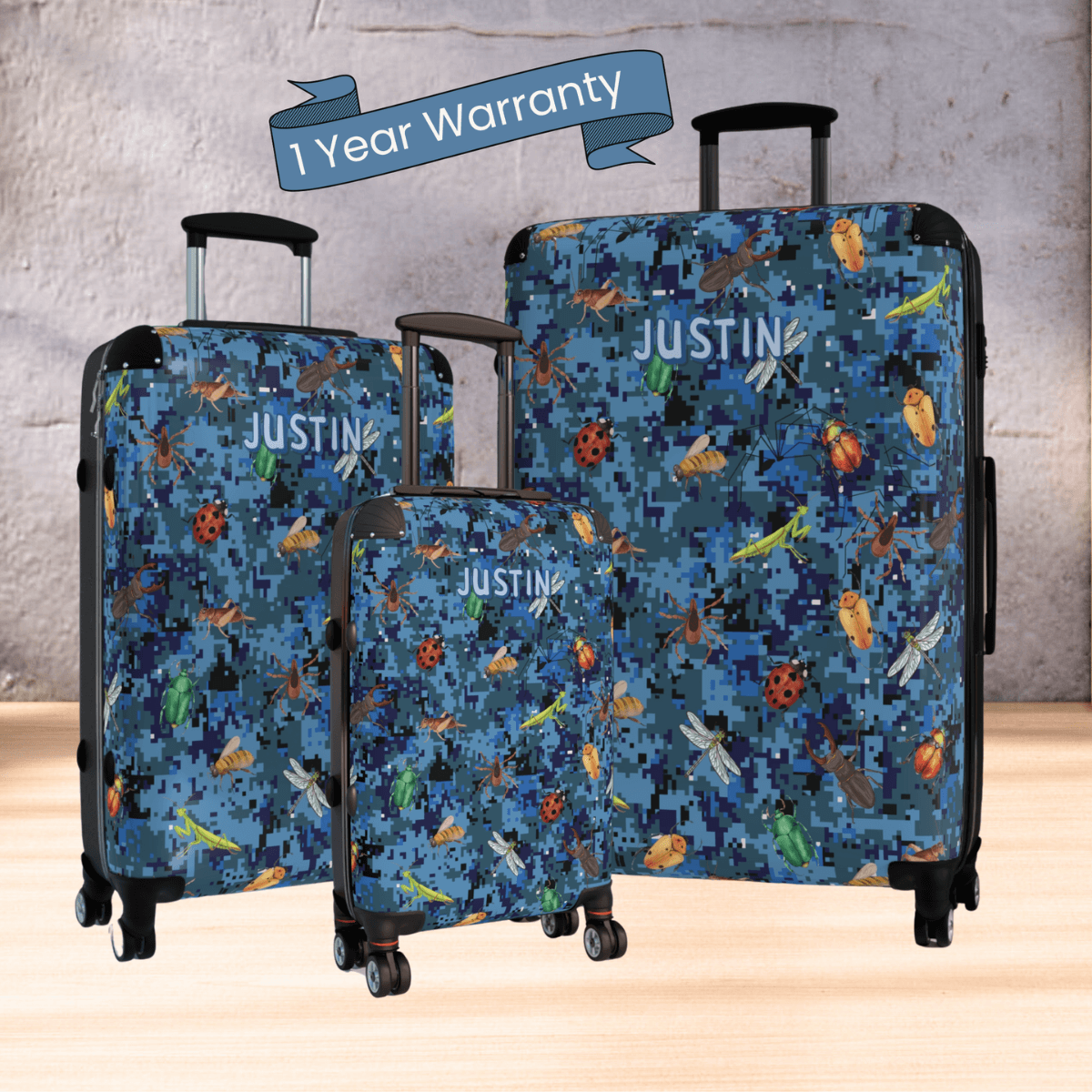 Blue Camo Luggage for Kids Bug Suitcase for Boy