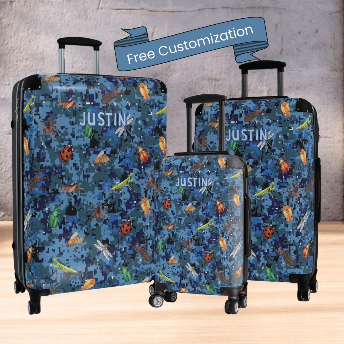 Blue Camo Luggage for Kids Bug Suitcase for Boy