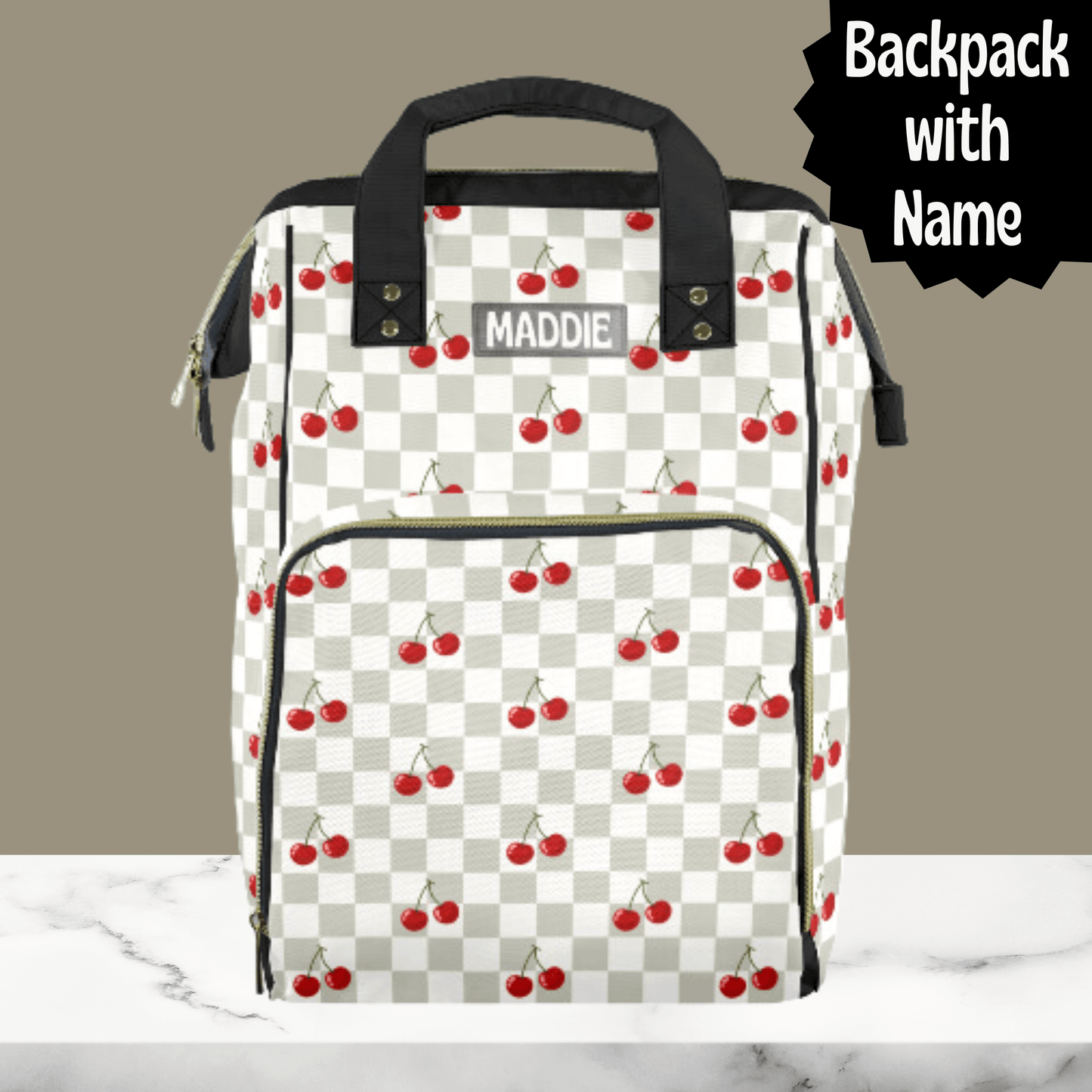 Diaper Bag Backpack with Cherries, Personalized Baby Shower Gift Idea