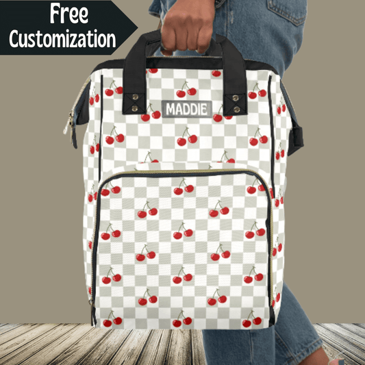 Personalized Baby Shower Gift Idea, Checkered diaper bag with cherries