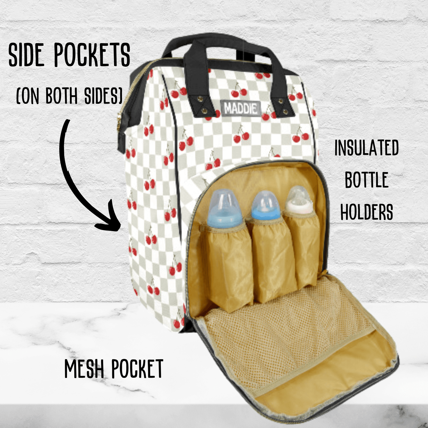 Diaper Bag Backpack with Cherries, Personalized Baby Shower Gift Idea