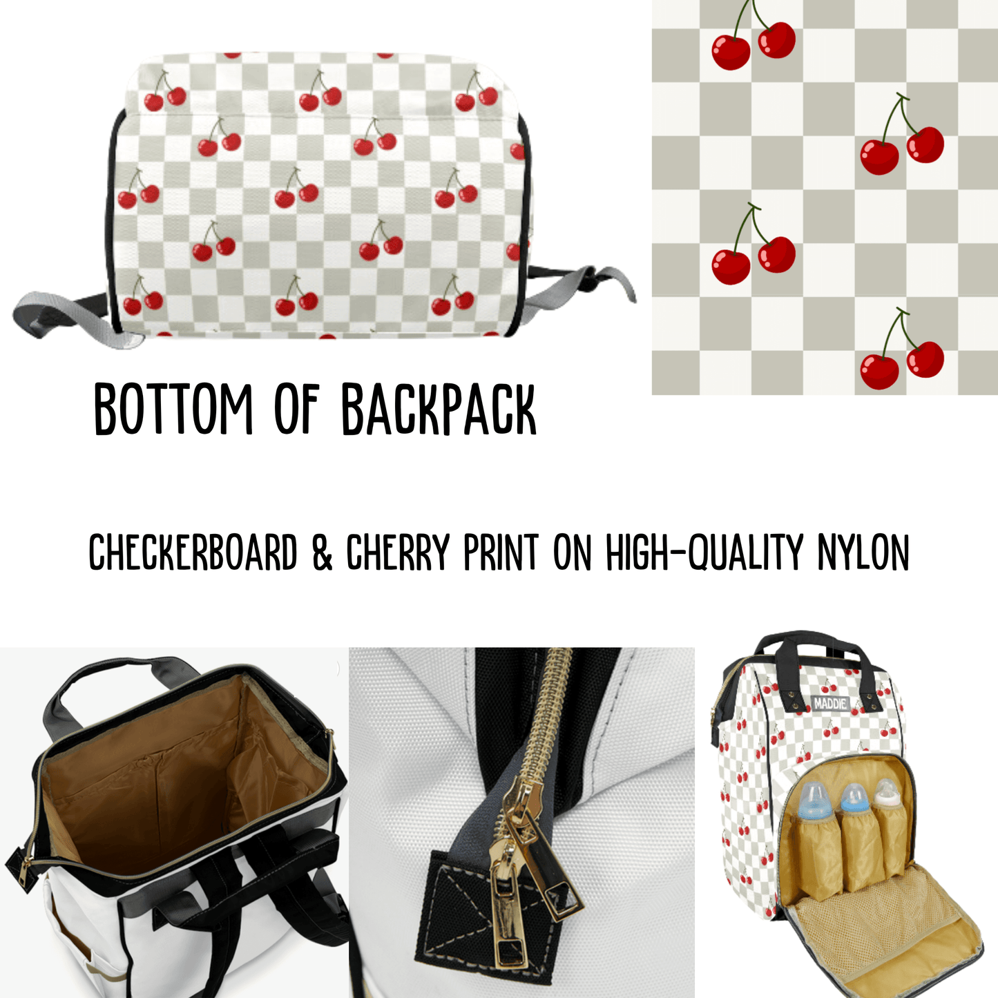 Diaper Bag Backpack with Cherries, Personalized Baby Shower Gift Idea