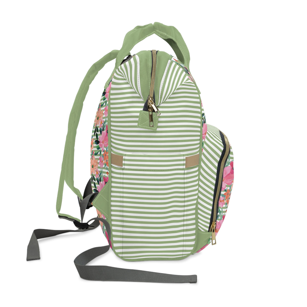 Floral Pink Green Stripes Diaper Bag