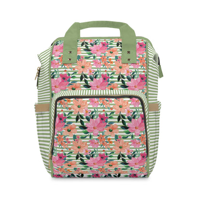 Floral Pink Green Stripes Diaper Bag