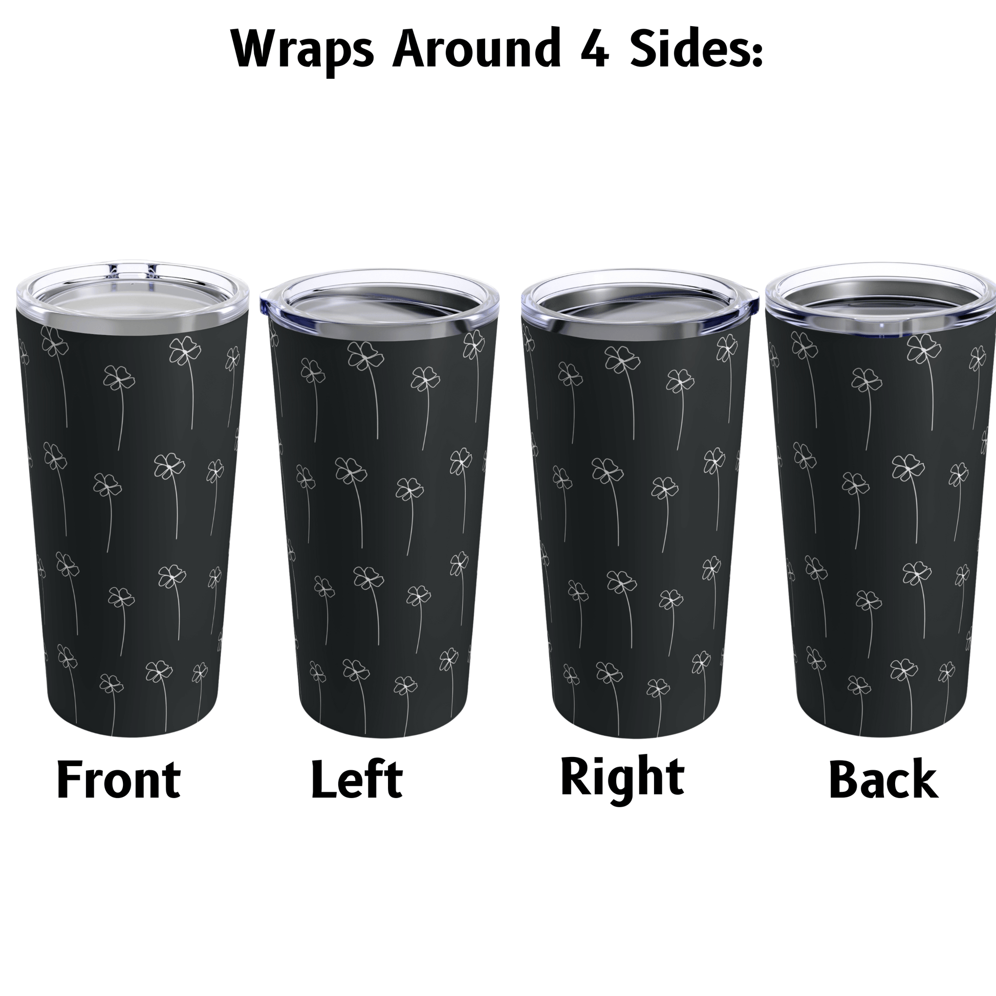 All four sides of the travel cup show the pattern on all four sides. This coffee cup is insulated to keep liquids hot and cold.