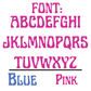 The alphabet font used with a sixtys feel and options for color are blue or pink