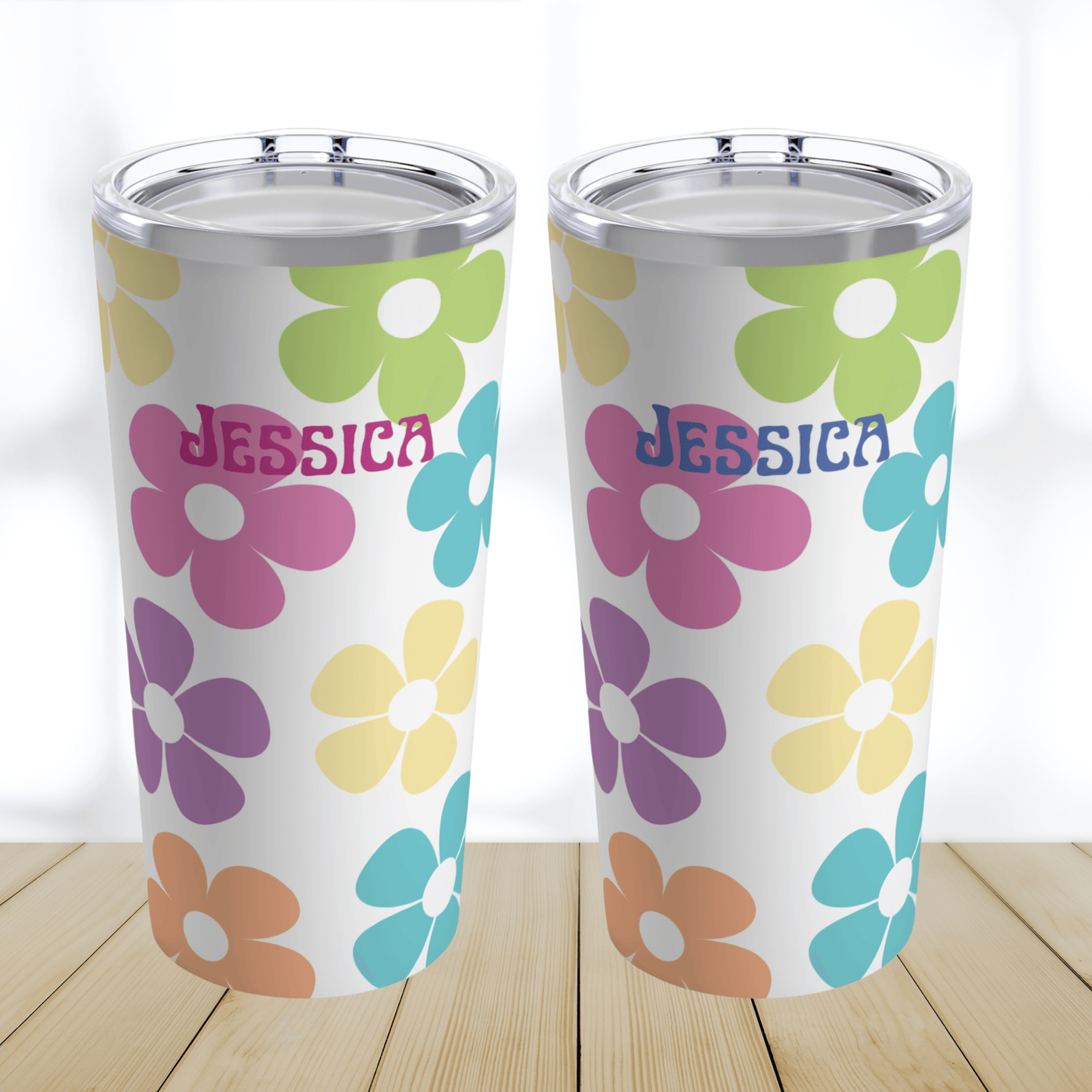 You can personalize your tumbler with a vintage feel font and put your name in either pink or blue on the front.