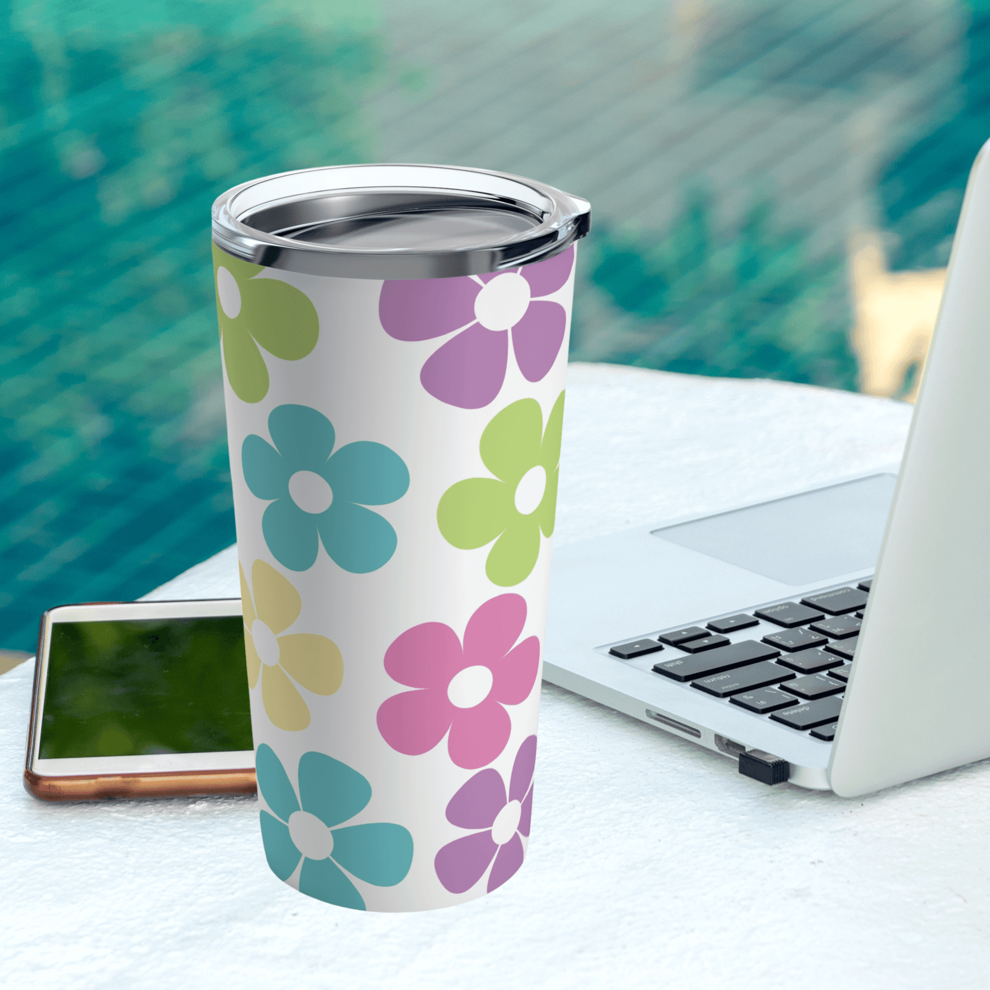 Our cute summer tumbler looks great for a summer cup next to the pool.