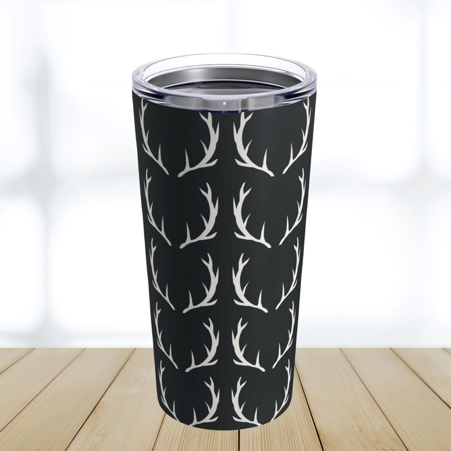 Our tumbler cup for deer hunters can be ordered without monogrammed initials as shown here. This deer antler travel cup is the perfect personalized tumbler for men with deer hunting interests.