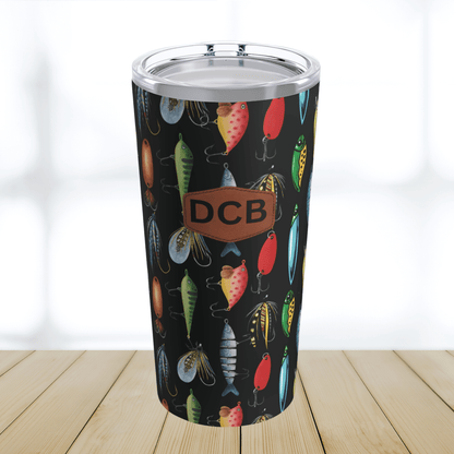 Our 20 oz tumbler has a fishing lure design and available with monogram initials. This stainless steel double wall insulated travel cup is a great gift for fishermen
