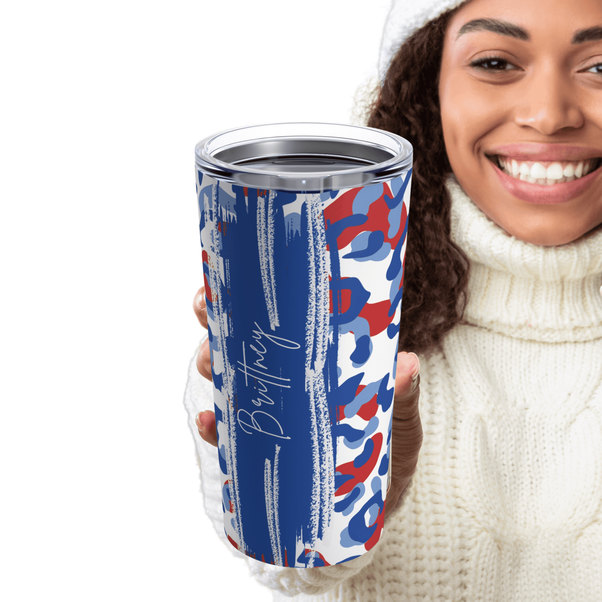 one of a kind custom tumbler cup with leopard print in usa colors.