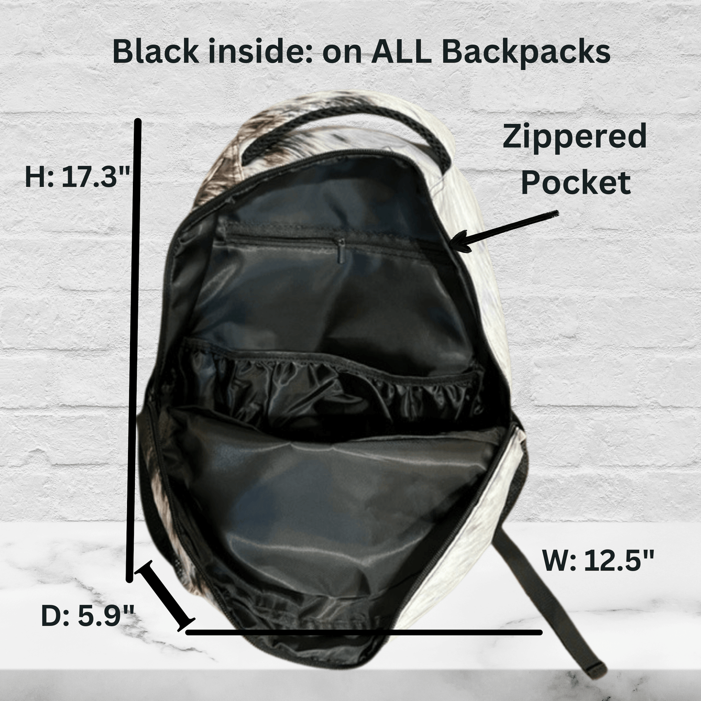 The inside of all our large backpacks is the same black interior.