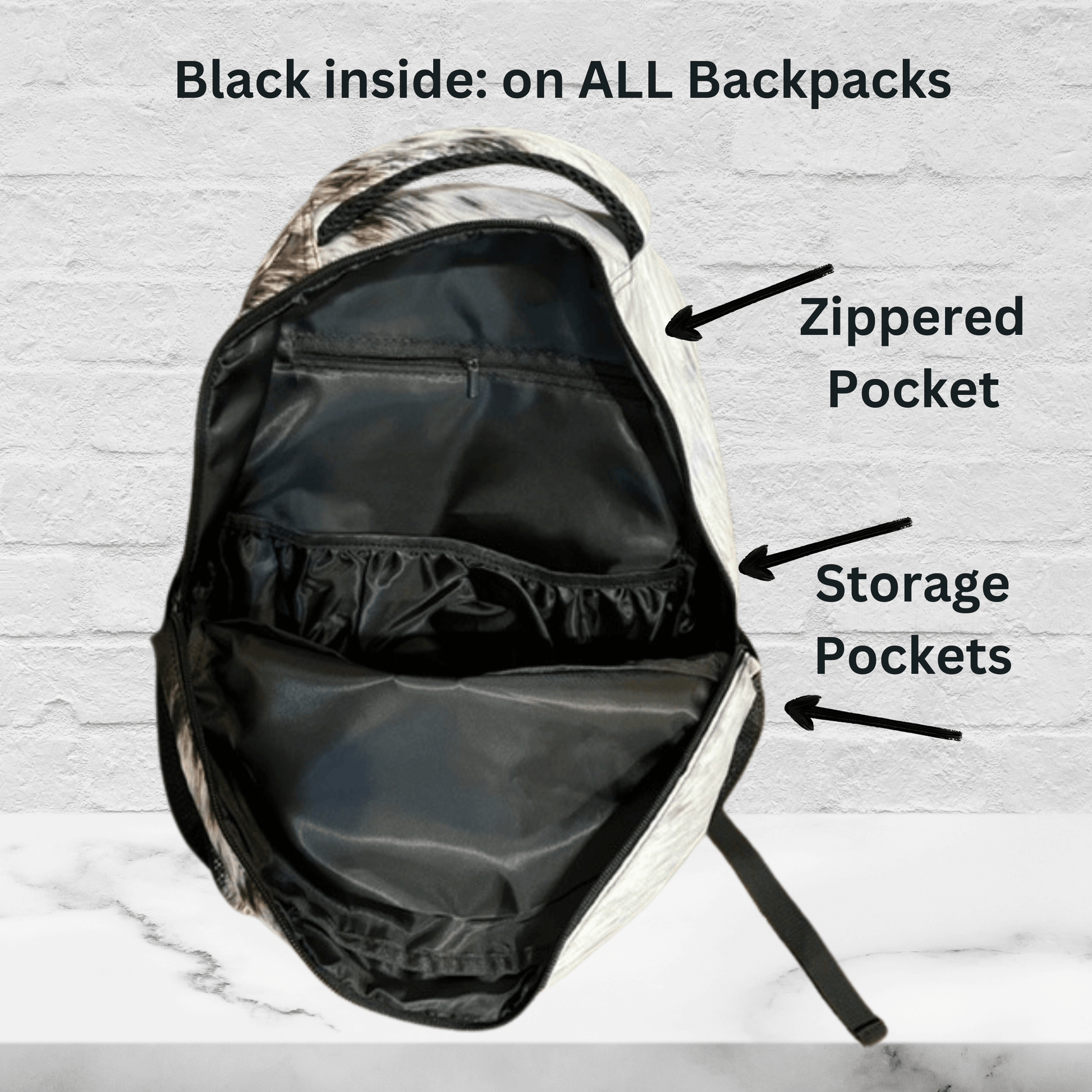 The inside of all our backpacks is black with a zippered pocket, additional storage pockets and a padded handle.