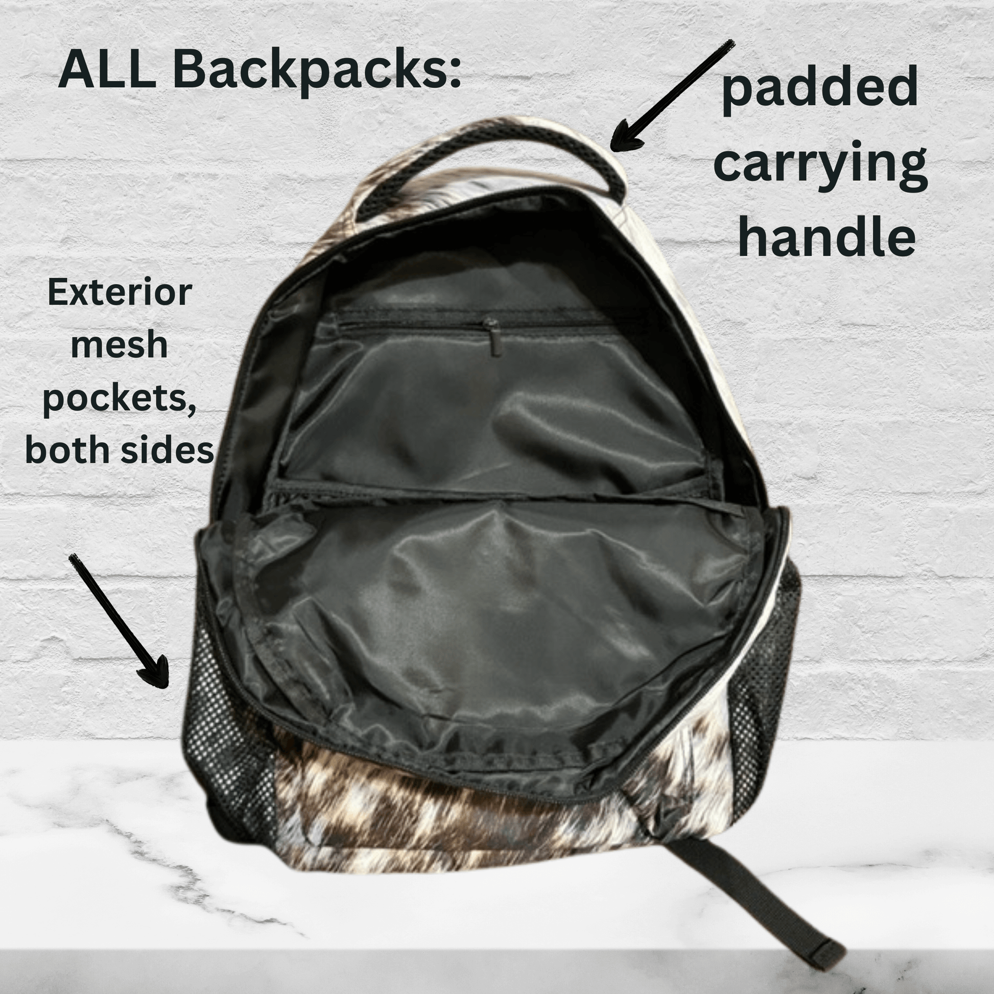 All of our custom backpacks have a padded handle and mesh pockets on both sides. 