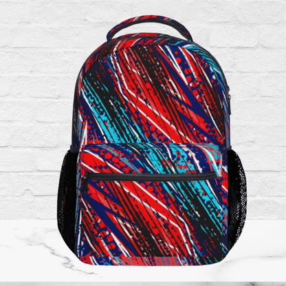 Our backpack for boys is shown sitting on a white counter to show the front zippered outer pocket and the padded top handle and mesh side pockets.