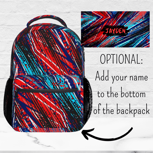 Our paint splatter backpack for kids and boys can be customized with a name on the bottom of the school bag backpack.