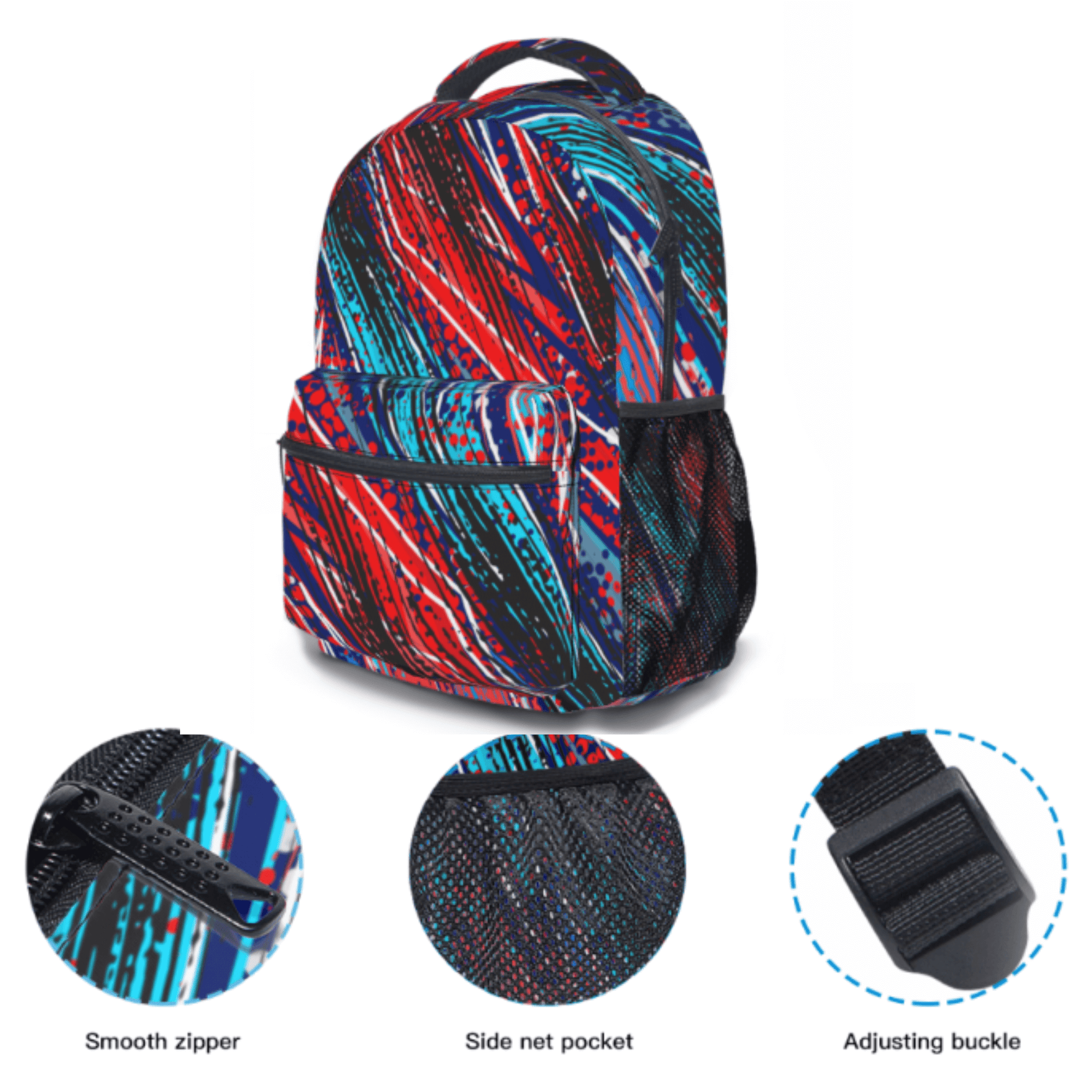 up close details of our kids backpack show a smooth zipper, side net pocket and adjusting black buckle.