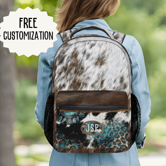 Personalized cowhide print school bag for girls. Monogrammed Travel bag for cowgirl.