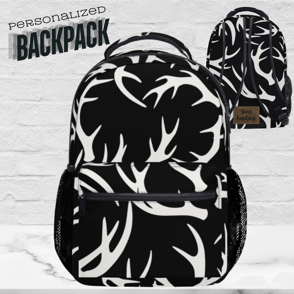 Personalized Hunting Backpack Deer Antler Design Pattern Custom School Bag Boys Men Outdoor Adventure Gear Wildlife Theme Gift Hunter Enthusiast Durable Polyester Construction Multiple Compartments Laptop Travel Carry Bag Daily Use