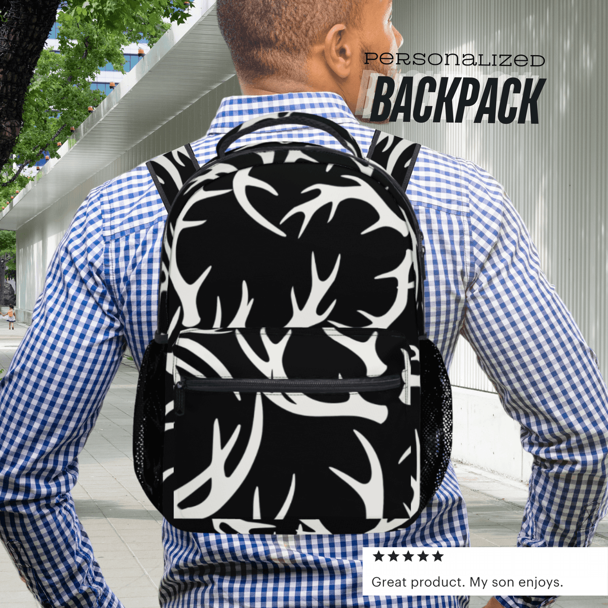 Custom School Bag Boys Hunting Theme Backpack Deer Antler Design Wildlife Pattern Personalized Outdoor Adventure Gear Gift Hunter Enthusiast Multiple Compartments Laptop Travel Carry Bag Durable Polyester Construction Daily Use Essential