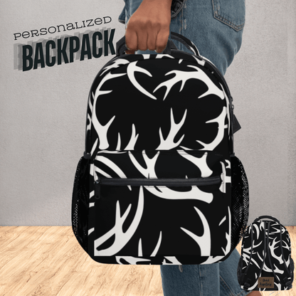 Custom School Bag Boys Hunting Theme Backpack Deer Antler Design Wildlife Pattern Personalized Outdoor Adventure Gear Gift Hunter Enthusiast Multiple Compartments Laptop Travel Carry Bag Durable Polyester Construction Daily Use Essential Book Bag Laptop Bag Elementary School Boy