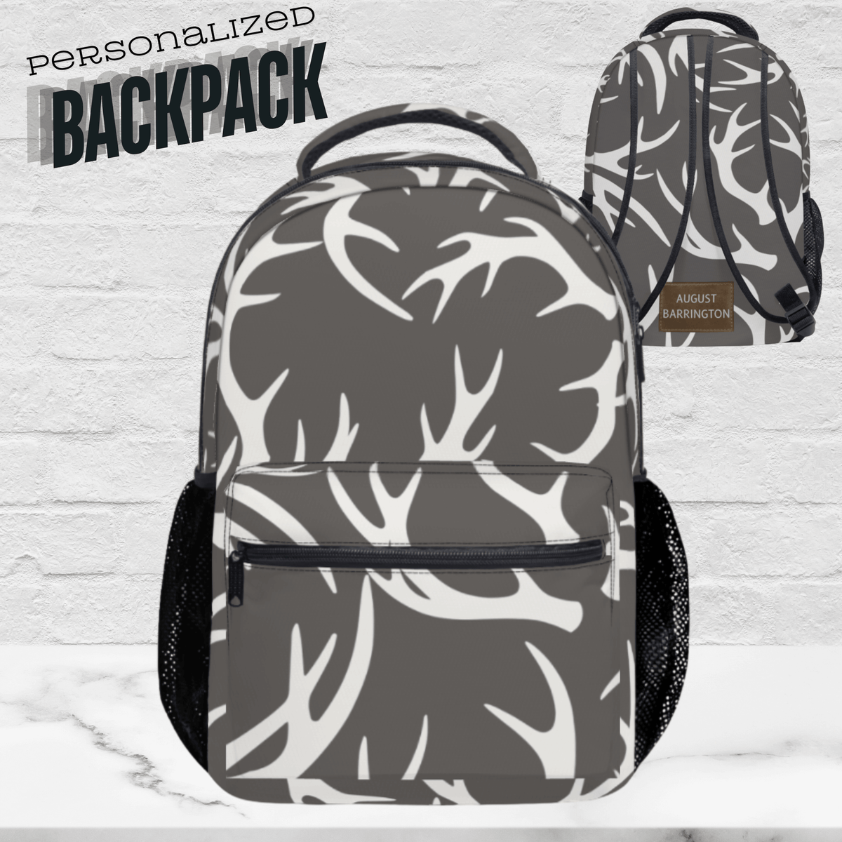 Outdoor Adventure Backpack Deer Antler Pattern Wildlife Design Custom Hunting Gear School Bag Boys Personalized Gift Hunter Enthusiast Durable Construction Multiple Compartments Laptop Travel Bag Daily Carry Essential Camping Trip Companion