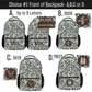 Camouflage backpacks with name labels and nature-themed designs on a white background: duck, deer or trees
